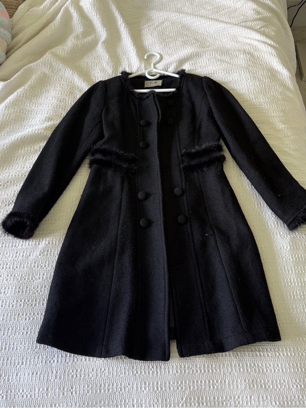 Women's Black Double-Breasted Wool Coat with Faux Fur Trim